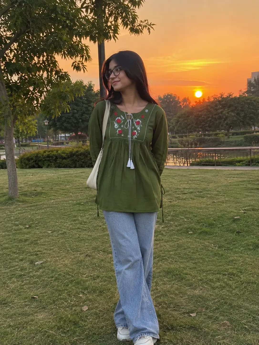 Olive Bloom Embroidered Short Kurti