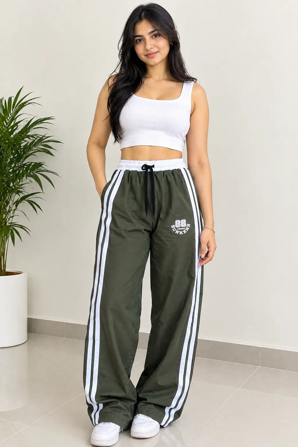 Women's Olive green Wide Leg Track Pants with Side Stripes